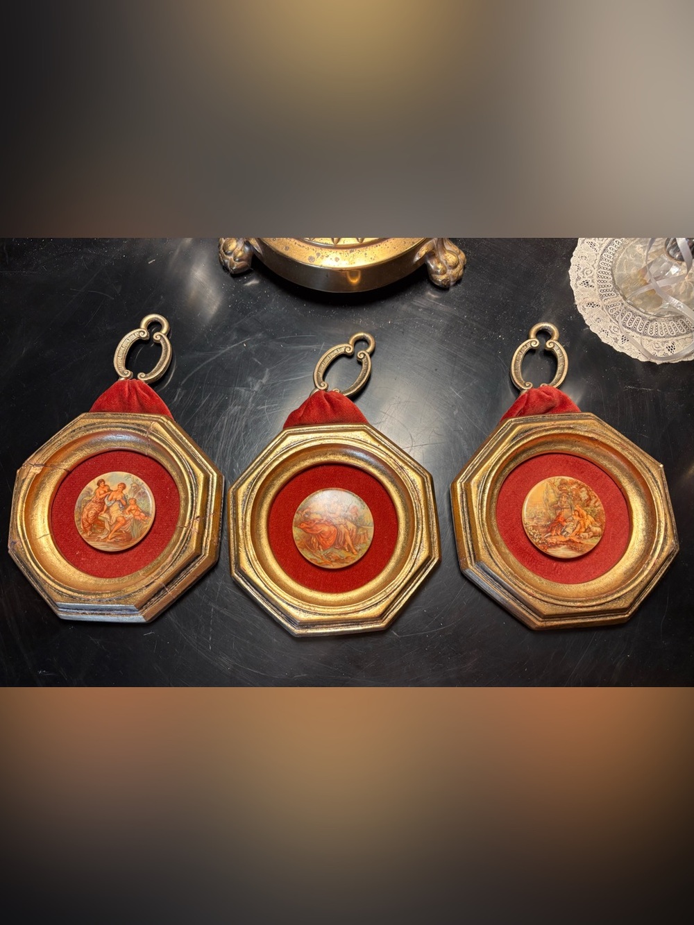 Vintage Gold Octagonal Wall Accent with Red Velvet Medallion Set of 3